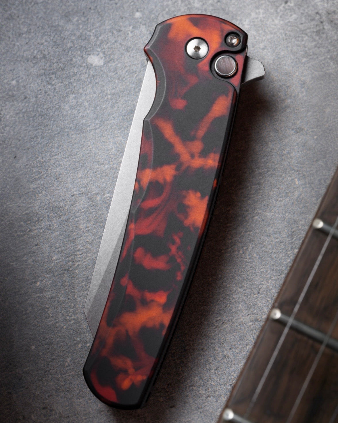 Pro-Tech 5401.DF Malibu - "Del Fuego" Custom Anodized Handle - Stonewash Reverse Tanto Magnacut Blade - Black Lip Pearl Button
