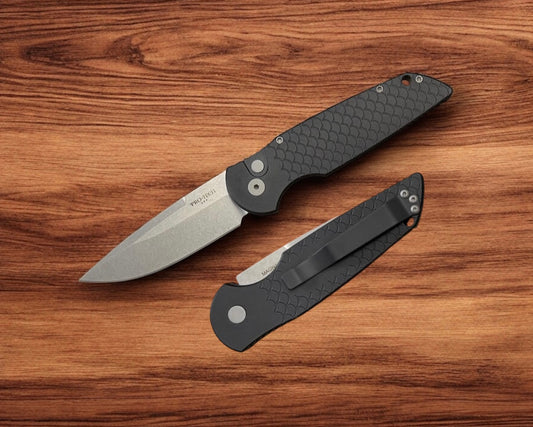 Pro-Tech X1.SW.MC TR-3 AUTO - Black "Fish Scale" Handle - 2-Tone Stonewash Magnacut Blade