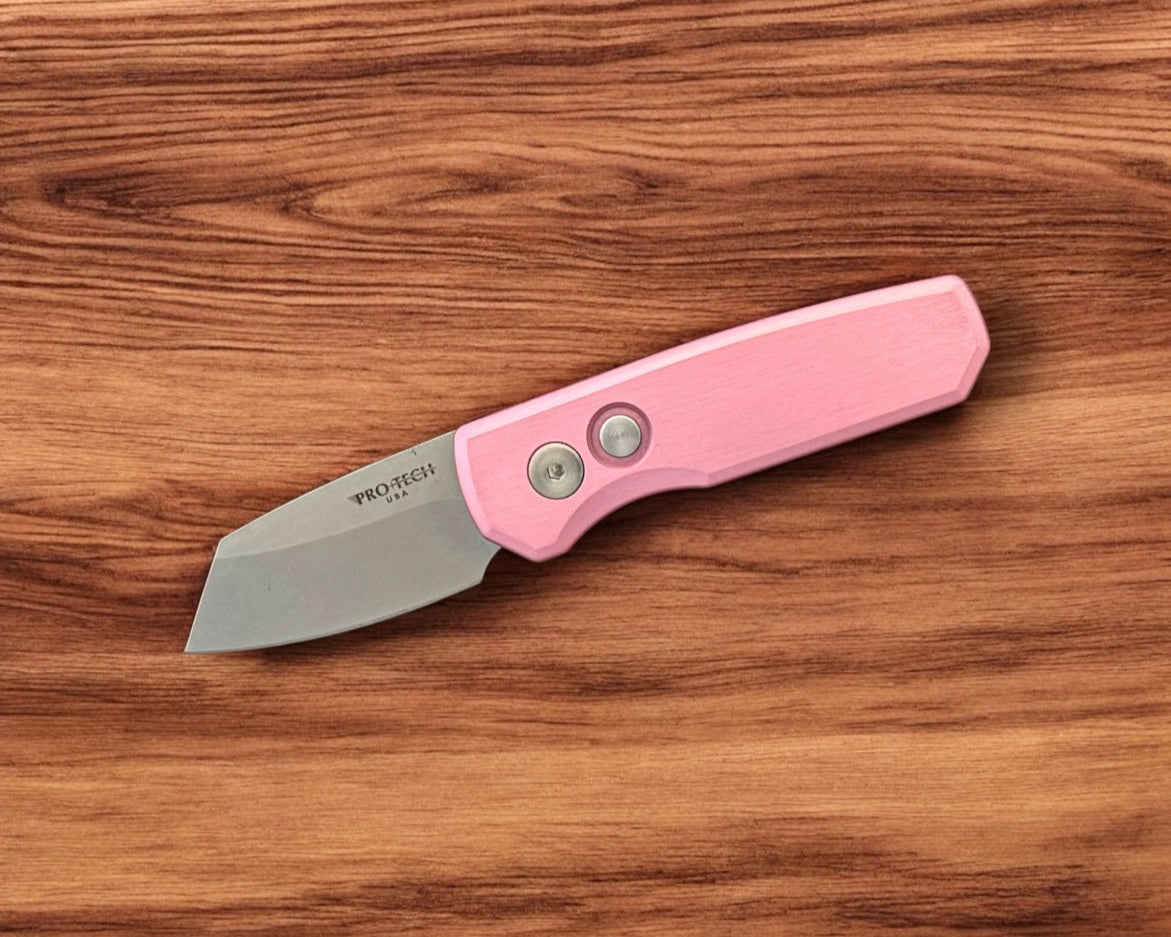 Protech R5201.Pink Runt AUTO - Satin Pink Handle - Stonewash 20CV Reverse Tanto Blade - Satin Hardware