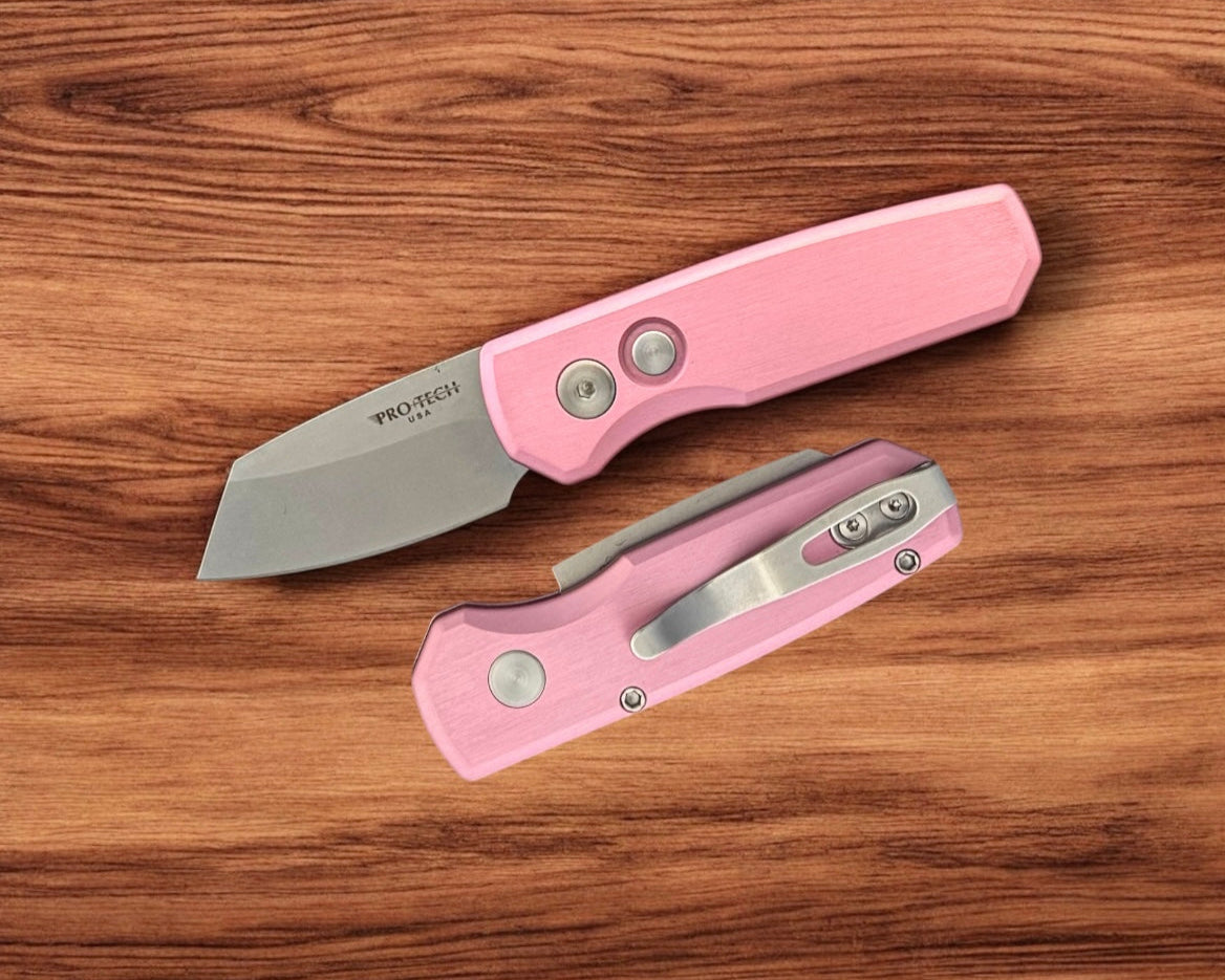 Protech R5201.Pink Runt AUTO - Satin Pink Handle - Stonewash 20CV Reverse Tanto Blade - Satin Hardware