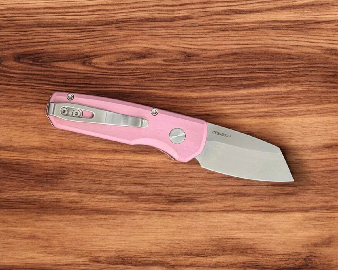 Protech R5201.Pink Runt AUTO - Satin Pink Handle - Stonewash 20CV Reverse Tanto Blade - Satin Hardware
