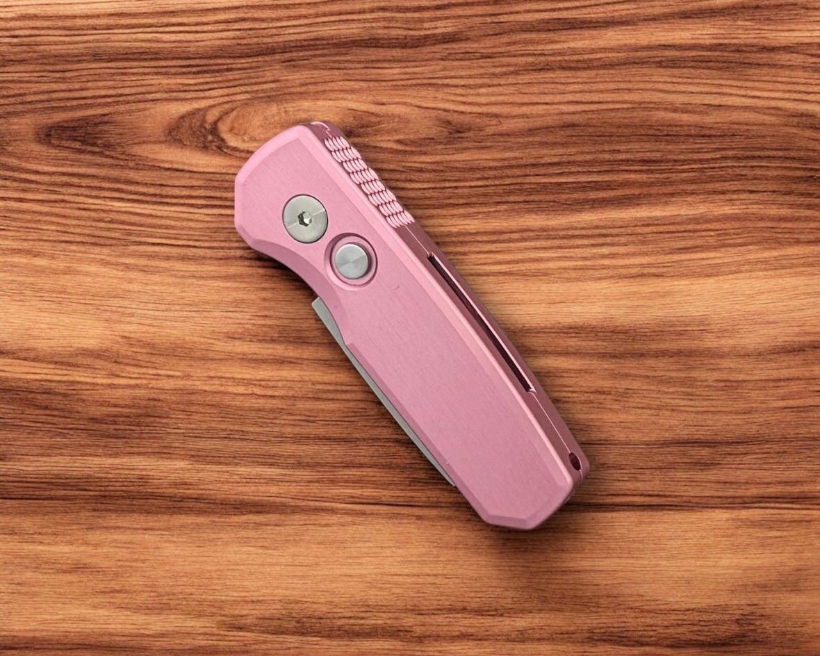 Protech R5201.Pink Runt AUTO - Satin Pink Handle - Stonewash 20CV Reverse Tanto Blade - Satin Hardware