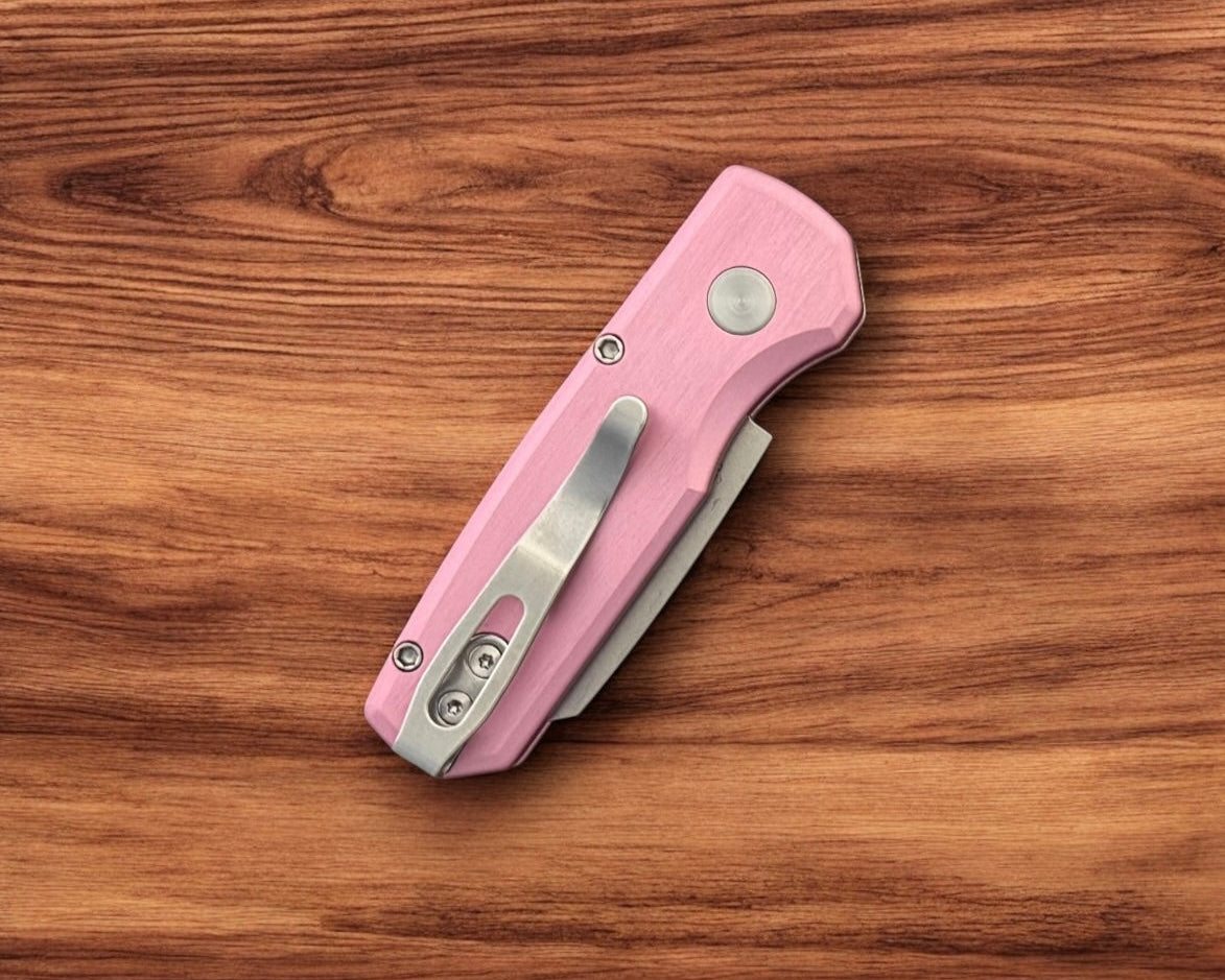 Protech R5201.Pink Runt AUTO - Satin Pink Handle - Stonewash 20CV Reverse Tanto Blade - Satin Hardware