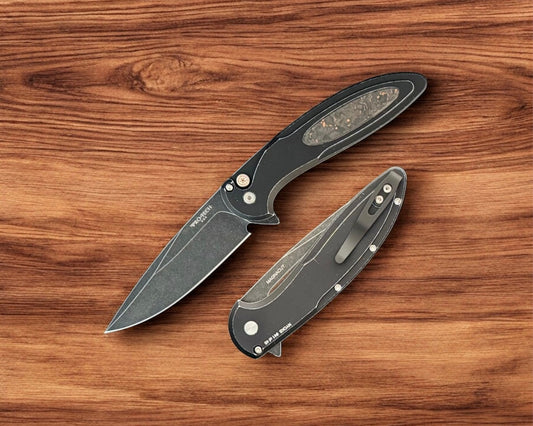 Pro-Tech NYCKS25.Cambria.1 Cambria - Battle Worn Black 6061 Aluminum Handles with TechnoCarbo Copper Inlay - DLC Wash Magnacut Blade - Mosaic Button - Satin Hardware /45