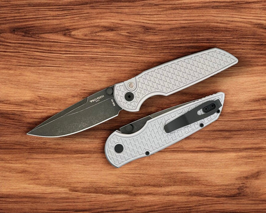 Pro-Tech NYCKS25.INT.1 NYCKS Special TR-3 INTEGRITY Manual - Relic Textured Grey Handle - DLC Wash s35vn Blade - Black Lip Pearl Button /20