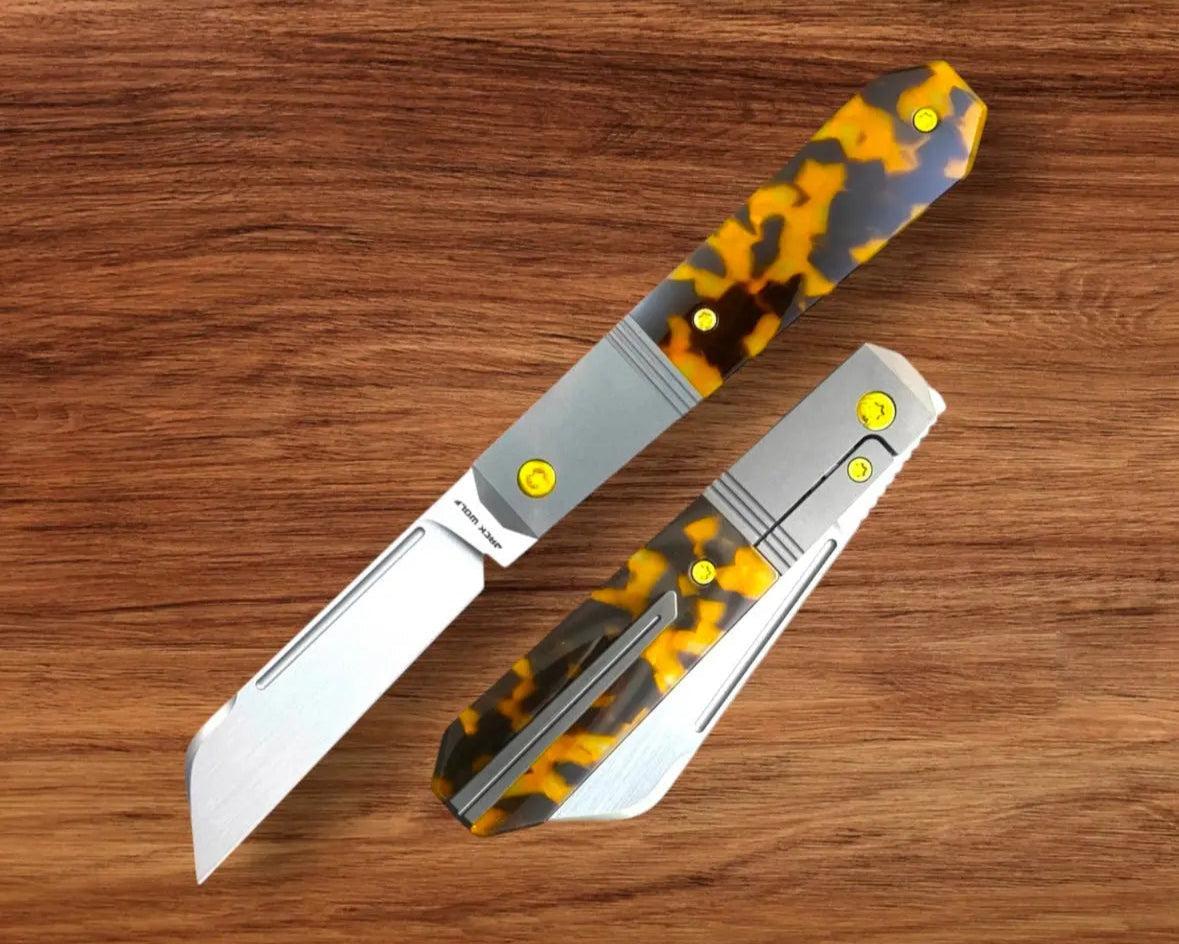 Jack Wolf Knives-Jack Wolf Knives - AFTER HOURS JACK - KIRINITE TORTOISE SHELL HAND SATIN - w/ FREE Skiff Bearings-1-Urban Cutlery