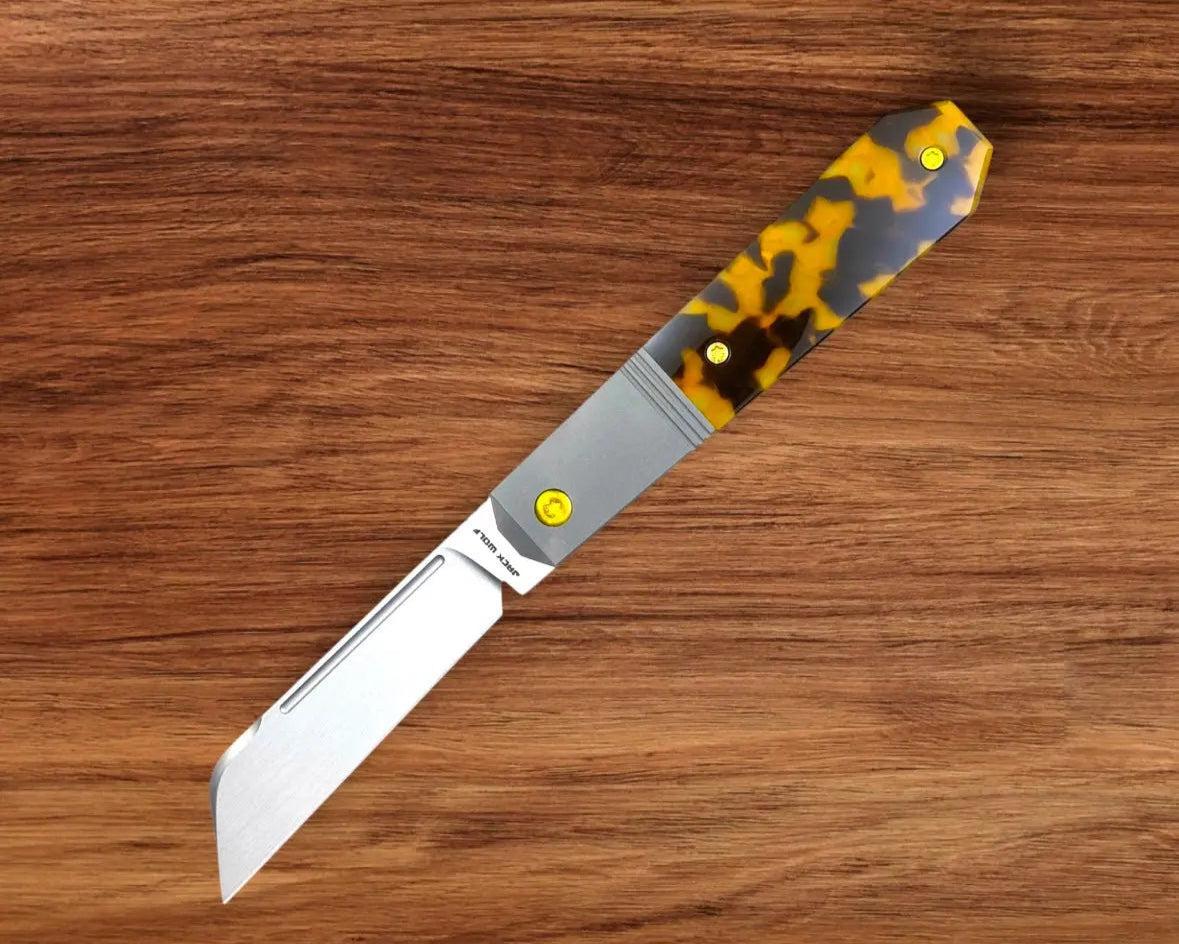 Jack Wolf Knives-Jack Wolf Knives - AFTER HOURS JACK - KIRINITE TORTOISE SHELL HAND SATIN - w/ FREE Skiff Bearings-Urban Cutlery