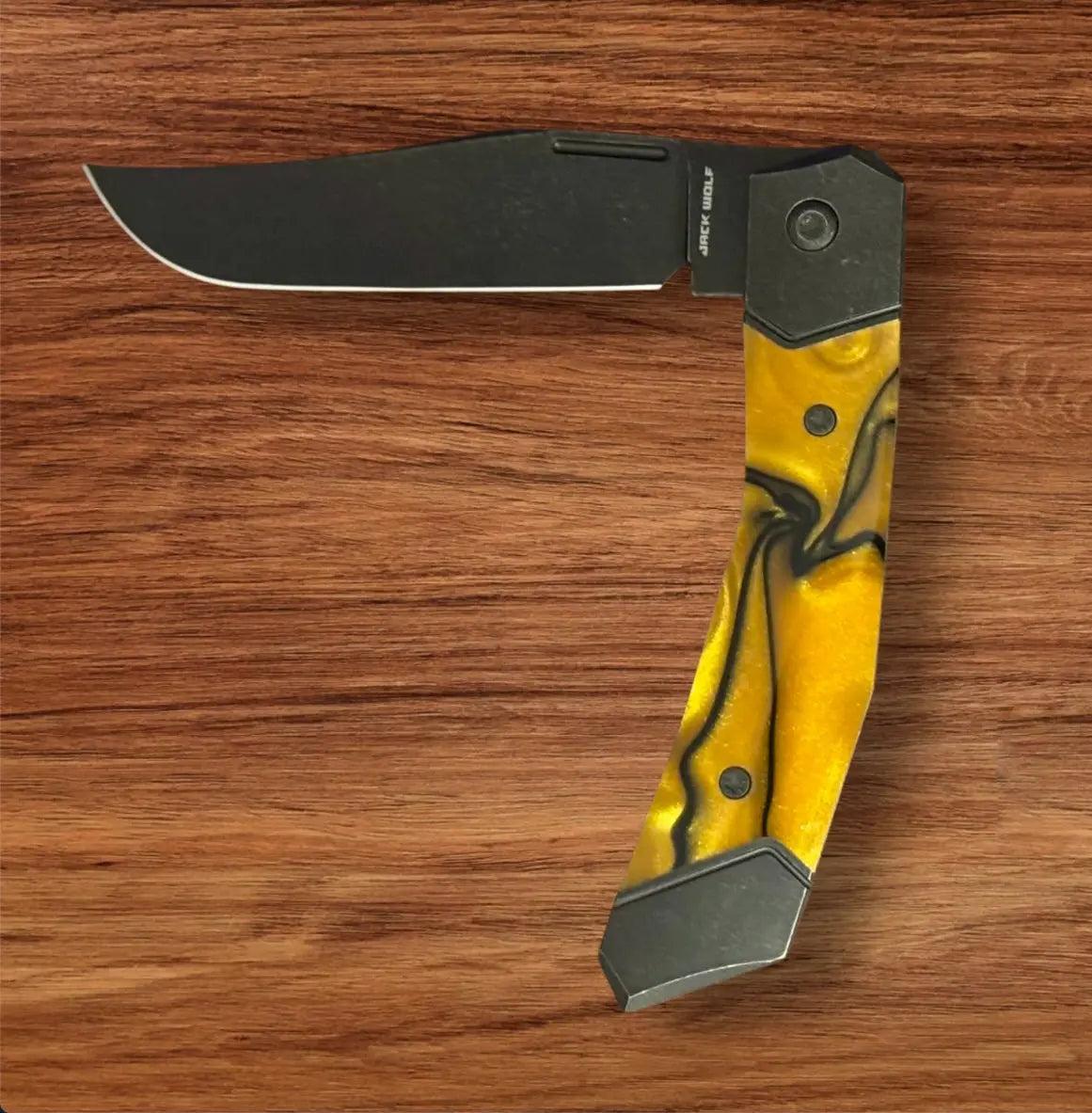 Jack Wolf Knives-Jack Wolf Knives - BIONIC JACK - KIRINITE LIQUID GOLD - w/ FREE Skiff Bearings-Urban Cutlery