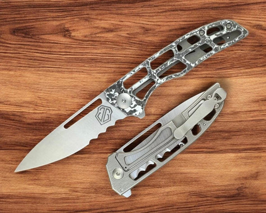 John Gray-John Gray Slitter V2, Satin Combo-Edge Magnacut Blade, White TechnoCarbon, Textured Titanium Handle, Skeletonized-1-Urban Cutlery