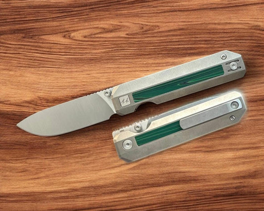Knife Standards-Knife Standards RR3 - Orange Peel w/ Emerald Crazy Fiber Inlay Handle - Belt Satin Vanax SuperClean Blade - Milled Pocket Clip-Urban Cutlery