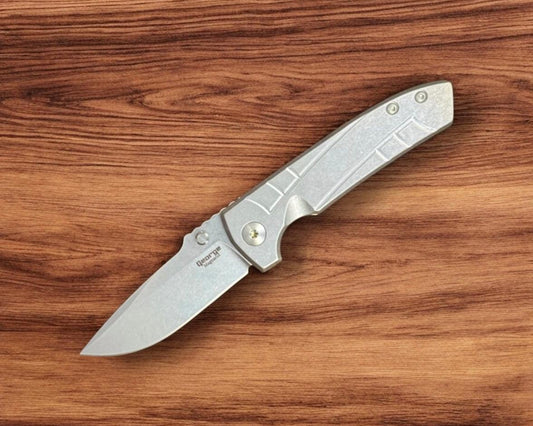 Les George Knives-Les George Knives Talos Sweep Milled Frame Lock - Stonewash Handle & Blade-Urban Cutlery