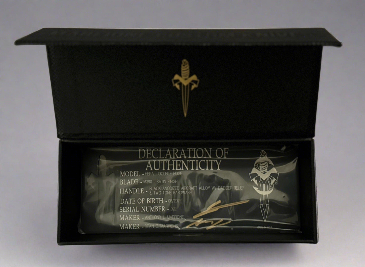 Marfione Custom Knives-Marfione Custom Hera D/E Hand Rubbed Satin M390 Black Anodized Aircraft Alloy W/Dagger Relief & Two-Tone HW SN #022 - Brand New-10-Urban Cutlery