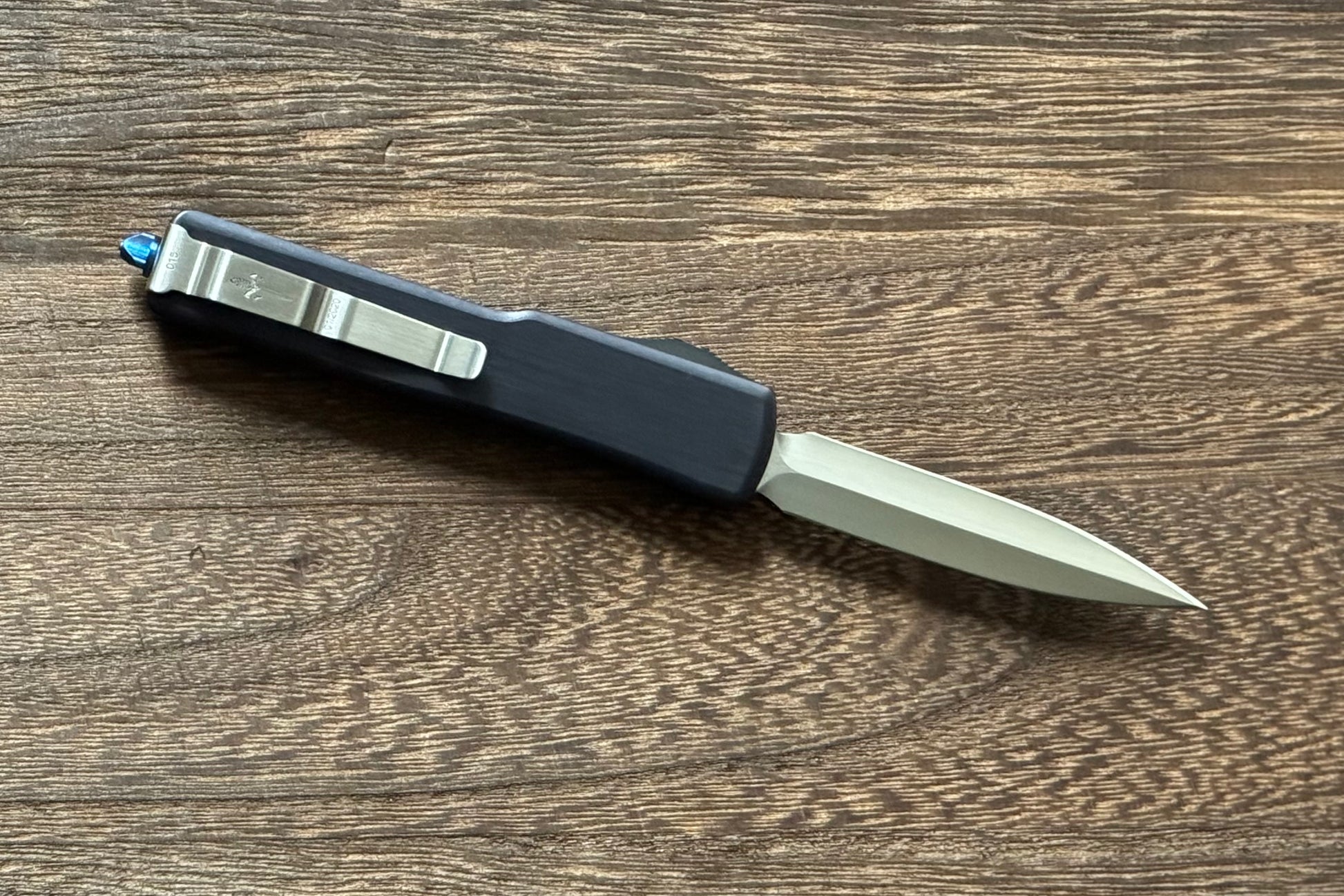 Marfione Custom Knives-Marfione Custom UTX-70 Double Edge Hand Rubbed Satin Blade Blue Ti Hardware Serialized SN #015 - Brand New-2-Urban Cutlery