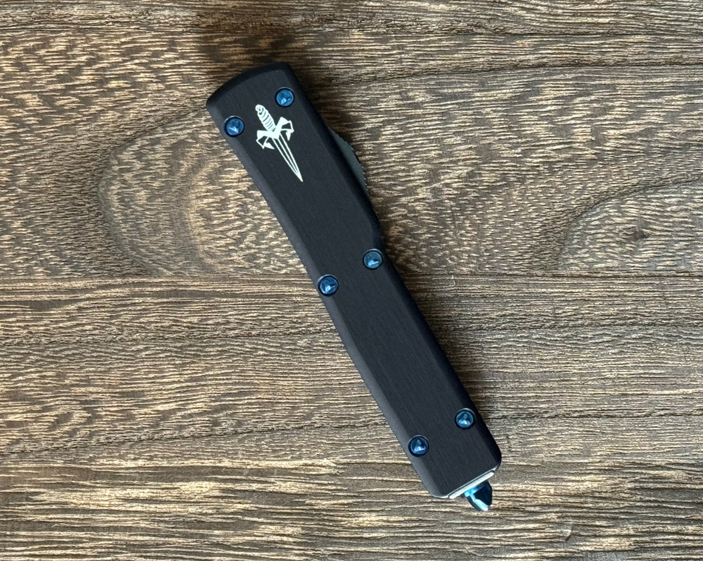 Marfione Custom Knives-Marfione Custom UTX-70 Double Edge Hand Rubbed Satin Blade Blue Ti Hardware Serialized SN #015 - Brand New-3-Urban Cutlery