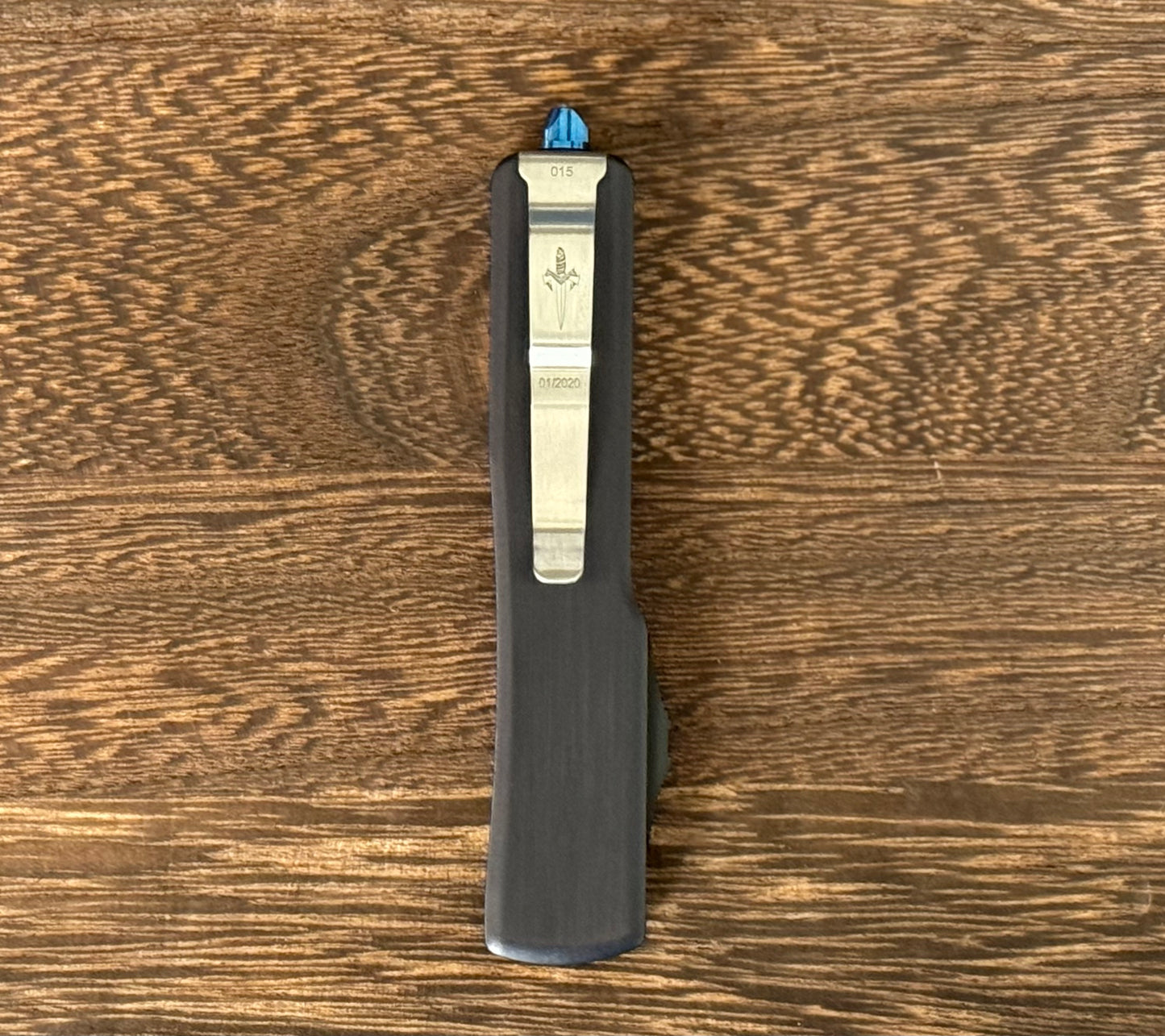 Marfione Custom Knives-Marfione Custom UTX-70 Double Edge Hand Rubbed Satin Blade Blue Ti Hardware Serialized SN #015 - Brand New-4-Urban Cutlery