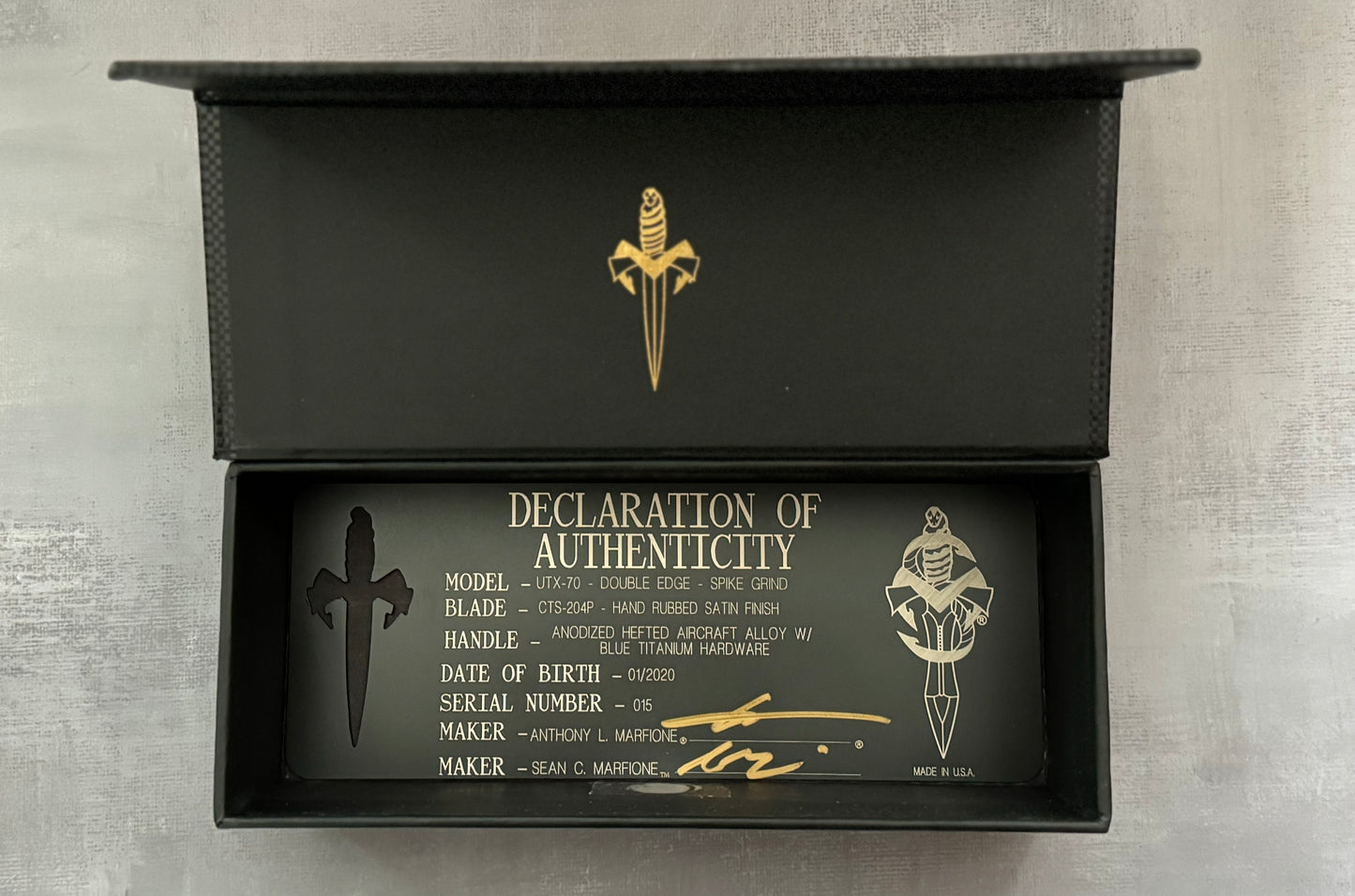 Marfione Custom Knives-Marfione Custom UTX-70 Double Edge Hand Rubbed Satin Blade Blue Ti Hardware Serialized SN #015 - Brand New-Urban Cutlery