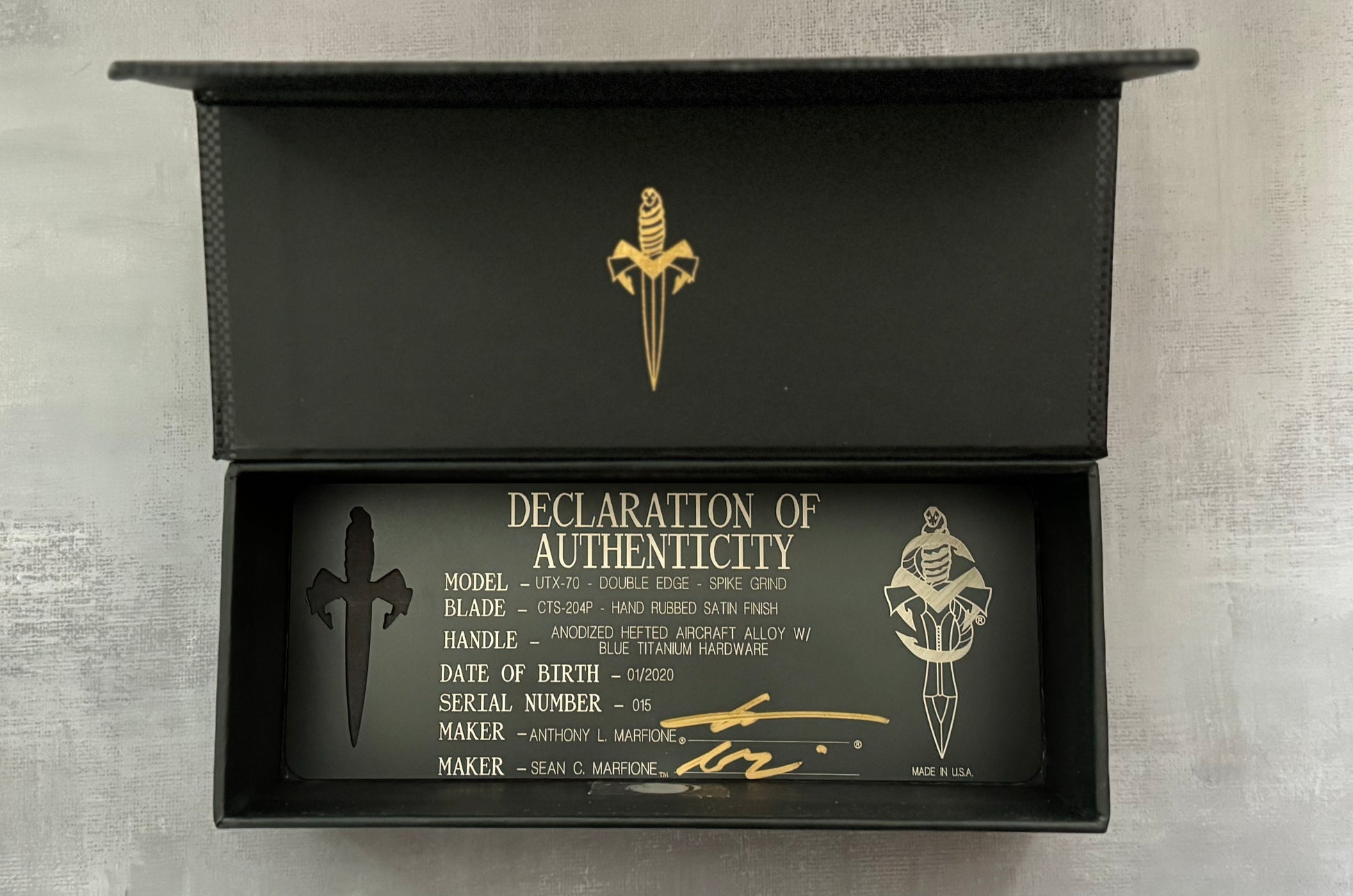 Marfione Custom Knives-Marfione Custom UTX-70 Double Edge Hand Rubbed Satin Blade Blue Ti Hardware Serialized SN #015 - Brand New-Urban Cutlery