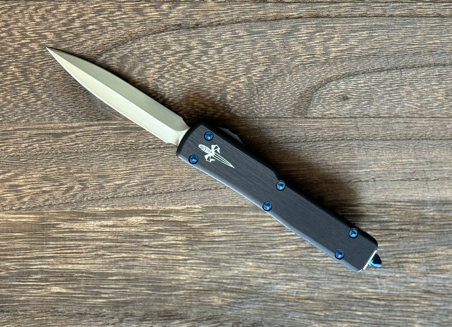 Marfione Custom Knives-Marfione Custom UTX-70 Double Edge Hand Rubbed Satin Blade Blue Ti Hardware Serialized SN #015 - Brand New-Urban Cutlery