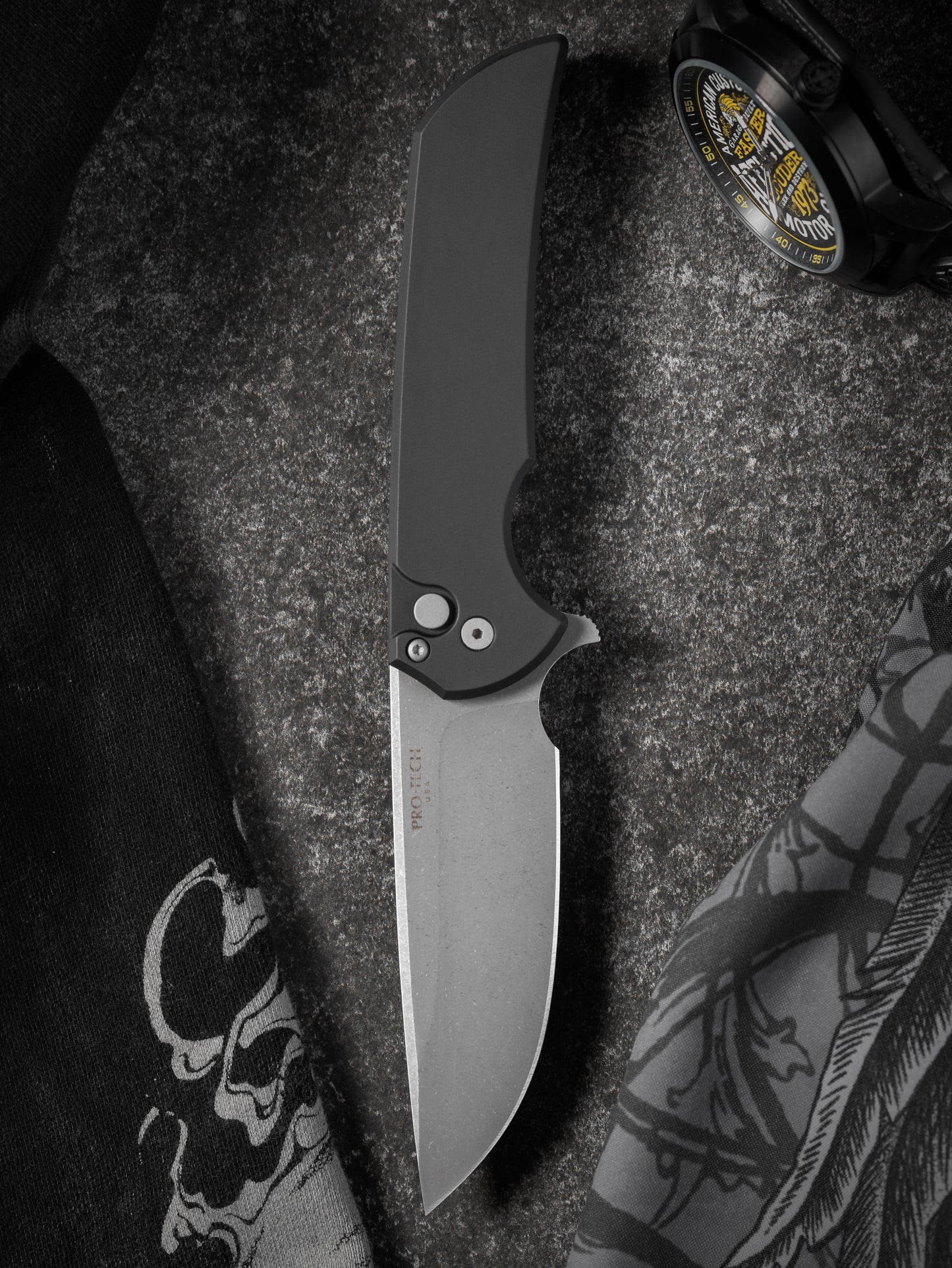 Pro-Tech Mordax (MX101.AW.20CV) - Black Handle - Acid Wash 20-CV Blade - Blasted Hardware