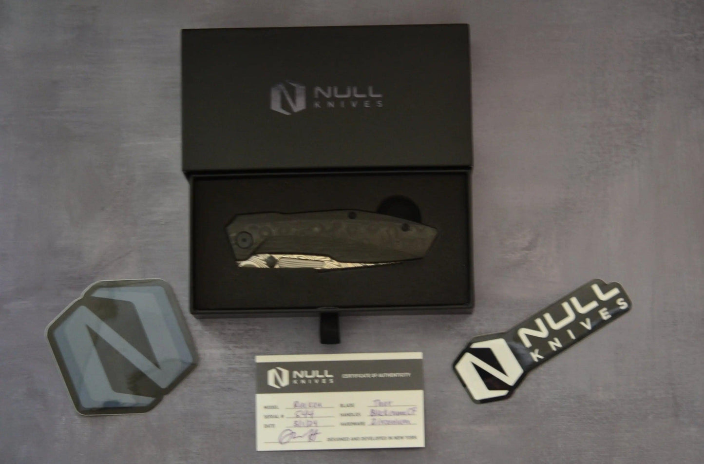 Null Knives-Null Knives Raikou - Black Camo CF w/ Thor Damasteel - Brand New-6-Urban Cutlery