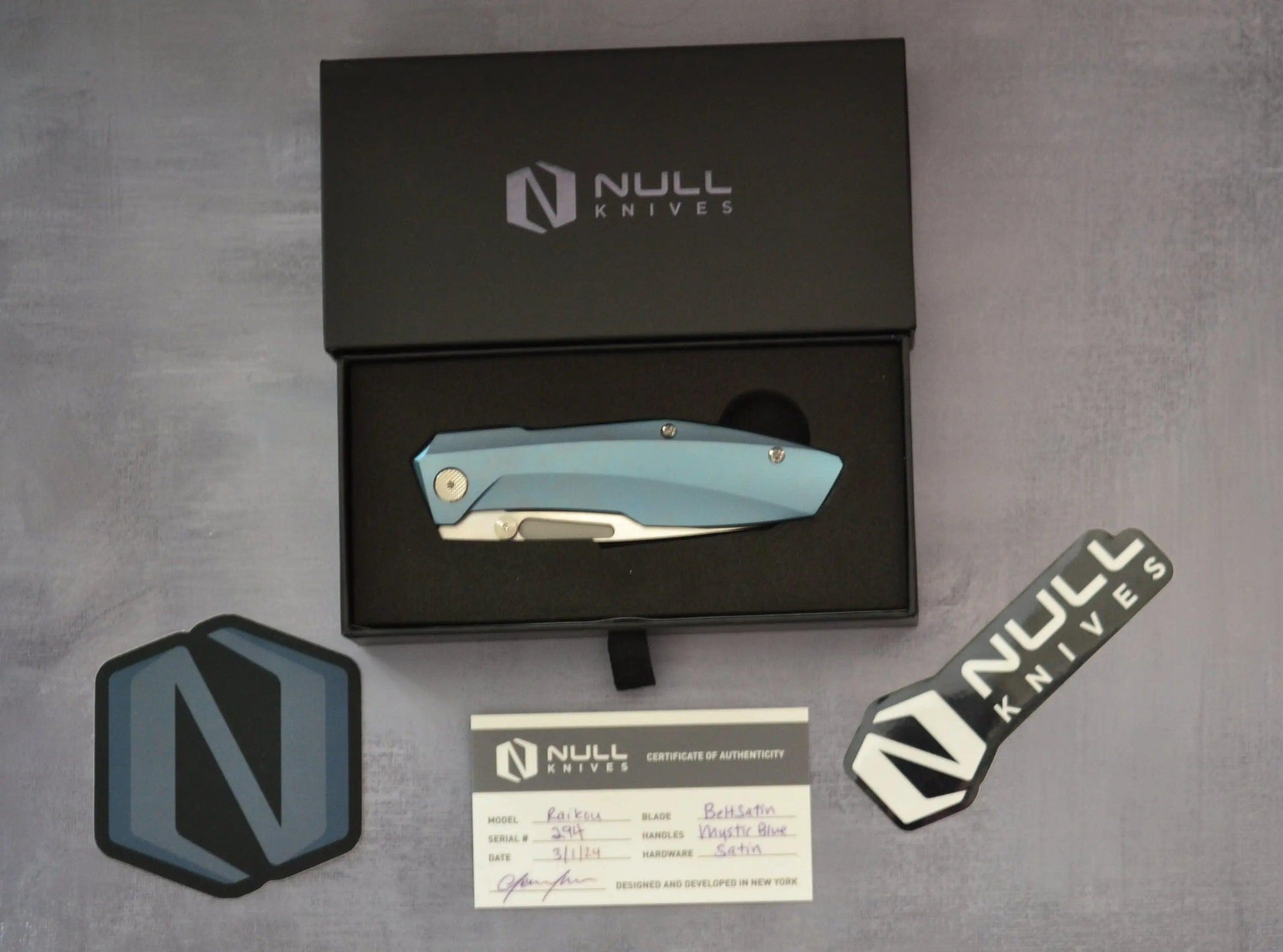 Null Knives-Null Knives Raikou - Blue/Belt Satin - Brand New-Urban Cutlery