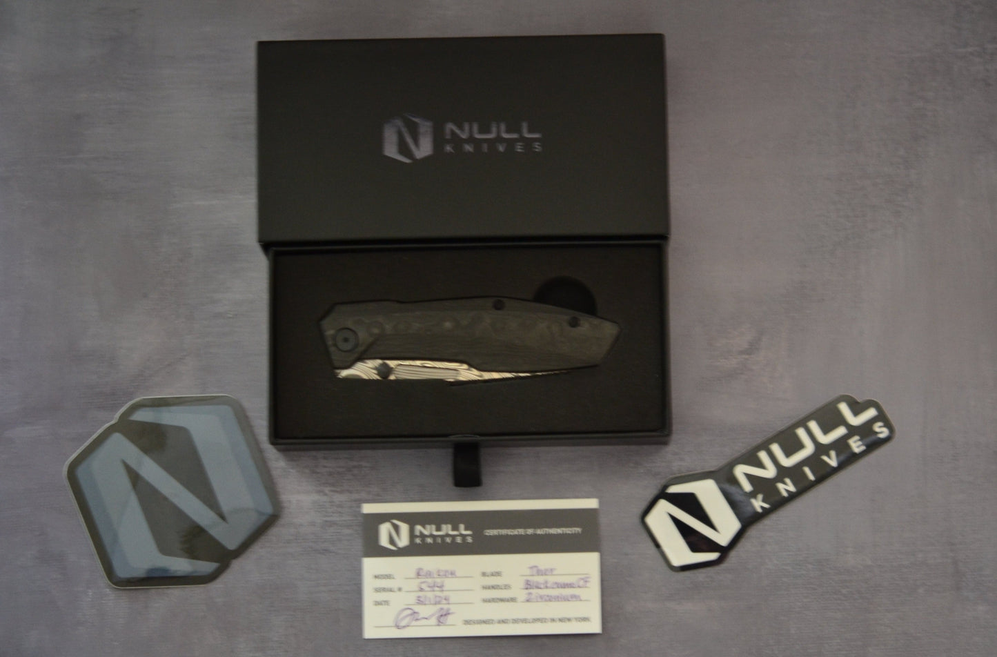 Null Knives Raikou - Black Camo CF w/ Thor Damasteel - Brand New Null Knives Urban Cutlery & Lifestyle Shoppe