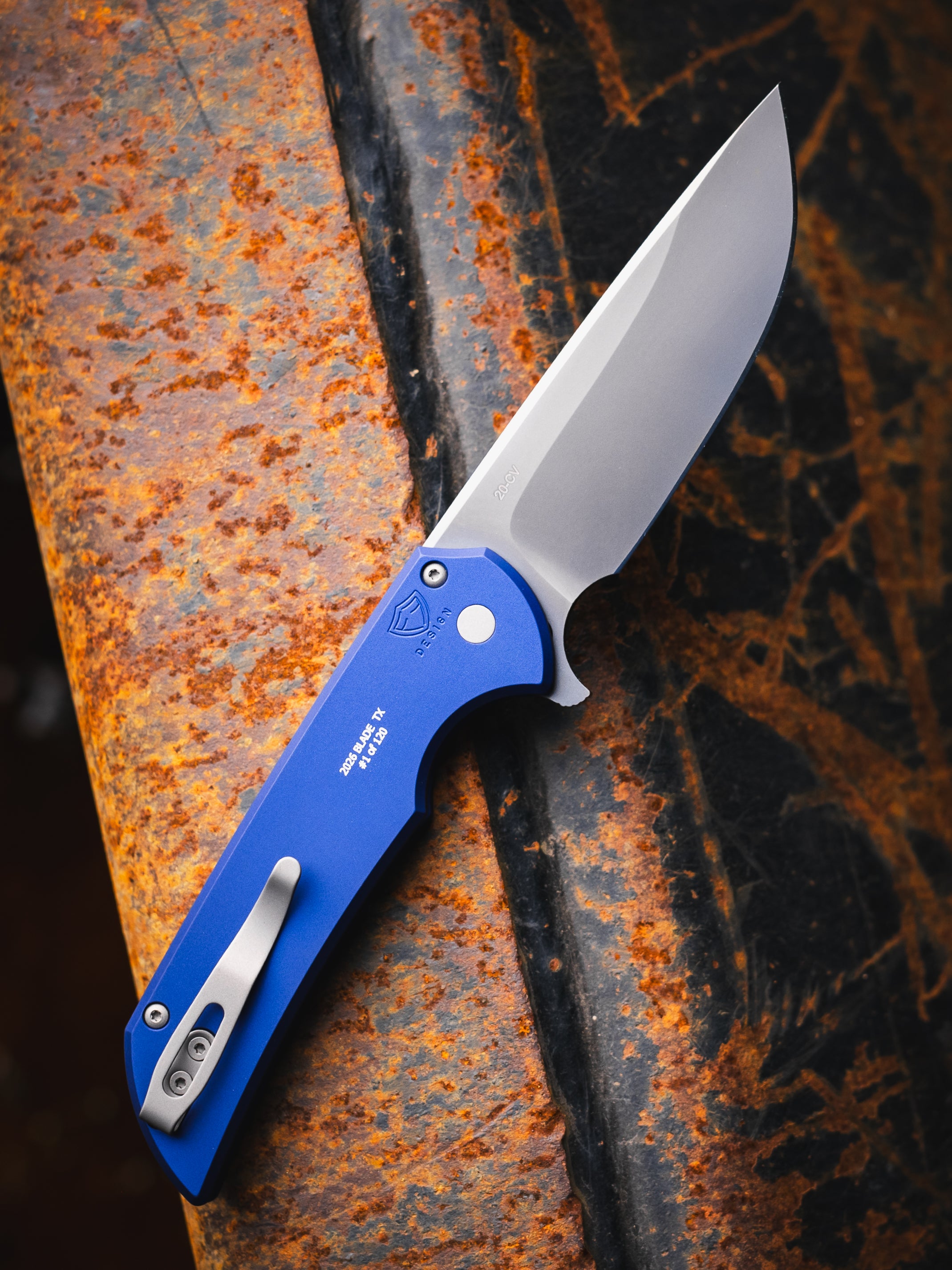 Pro-Tech BST26.Mordax.2 Blade Show Texas 2026 Exclusive Mordax - Solid Navy Handle - Smoky Grey DLC 20CV Blade - White Pearl Push Button - Blasted Clip /120