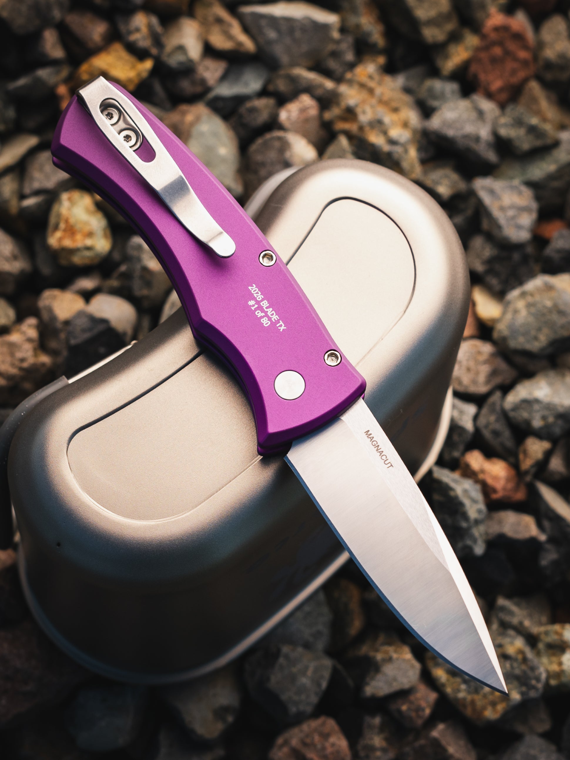 Pro-Tech BST26.Duke.1 Blade Show Texas 2026 Exclusive Duke AUTO - Purple 6061 Aluminum Handle - Machine Magnacut Blade - White Pearl Button /80