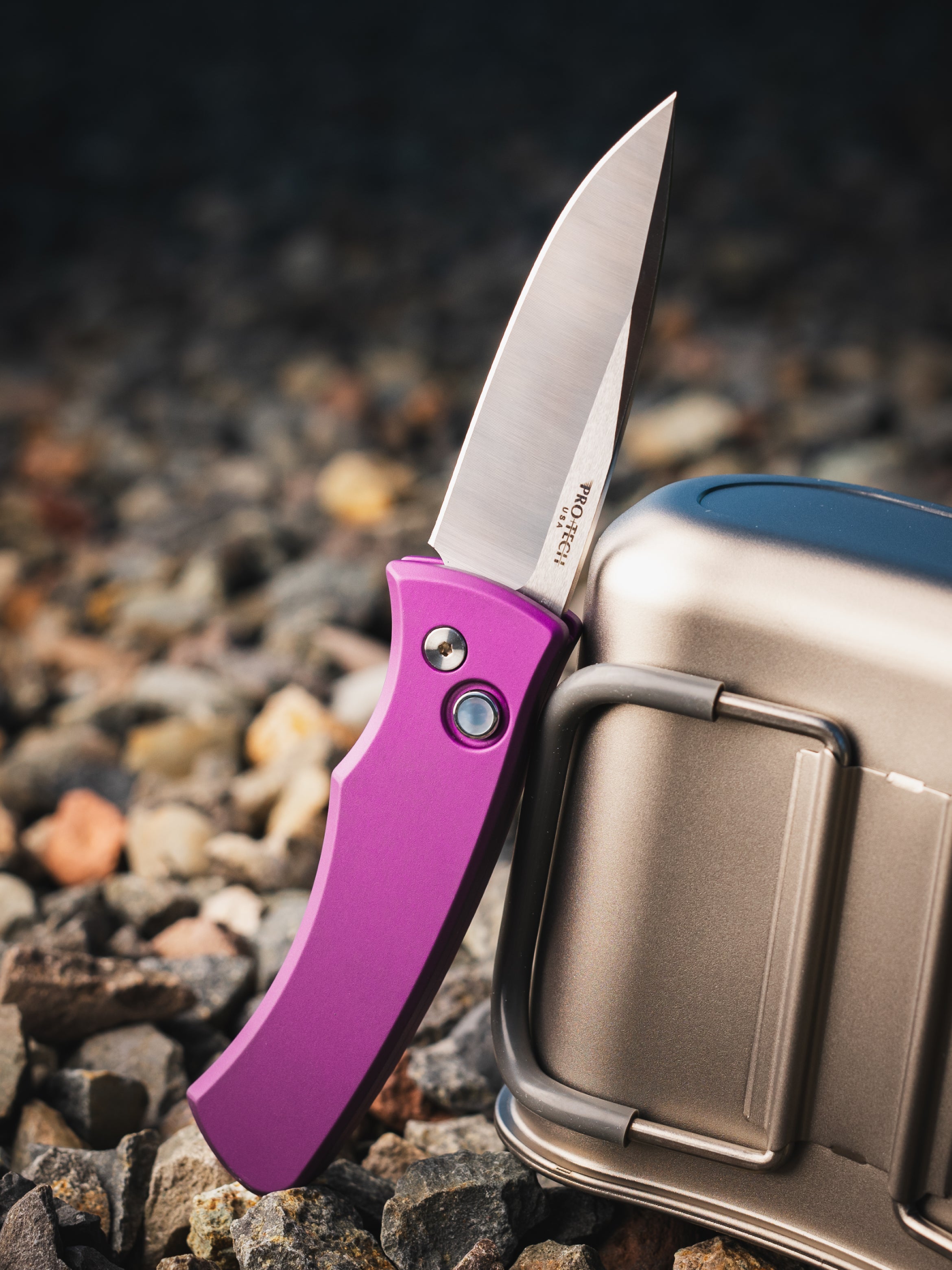 Pro-Tech BST26.Duke.1 Blade Show Texas 2026 Exclusive Duke AUTO - Purple 6061 Aluminum Handle - Machine Magnacut Blade - White Pearl Button /80