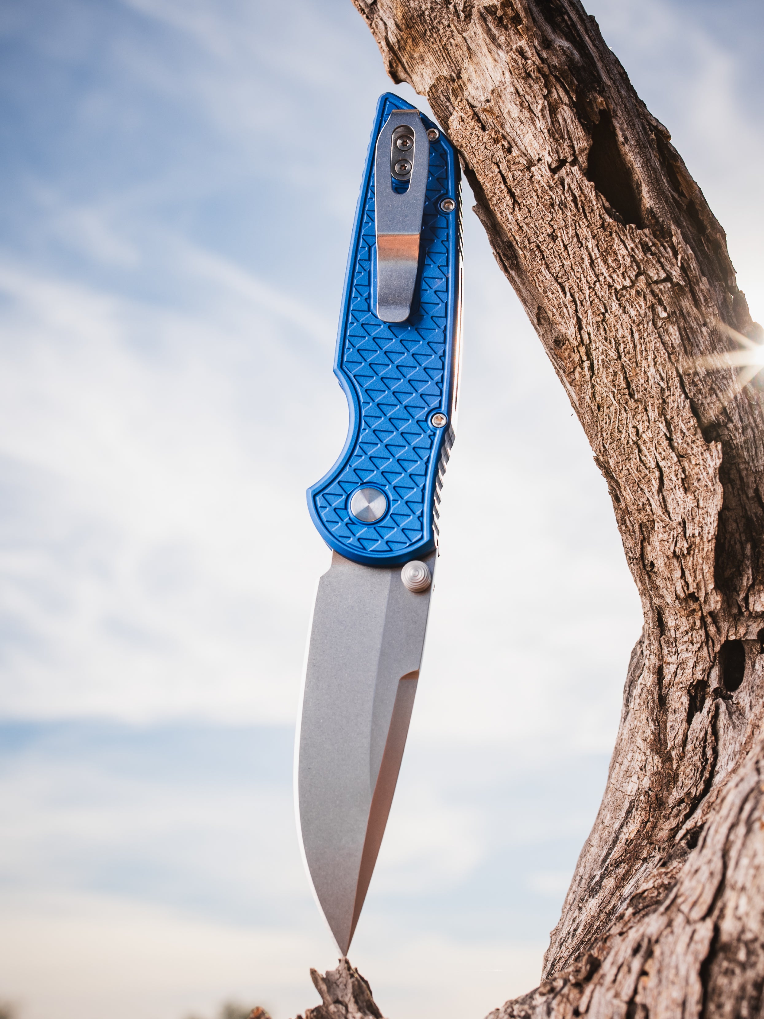 Pro-Tech BST26.INT.1 TR-3 INTEGRITY Manual - Relic Textured Blue Handle - Stonewash Magnacut Blade - Mosaic Pin Lone Star Button /90