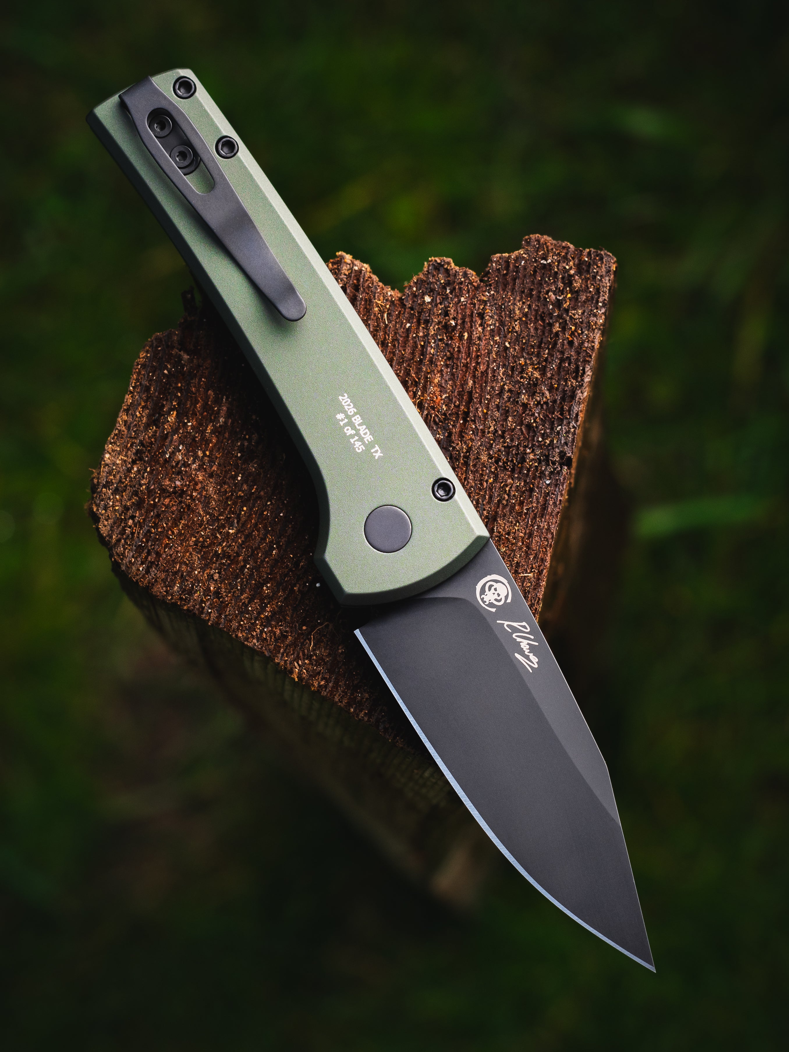 Pro-Tech x Chaves BST26.Scapegoat.1 Blade Show Texas 2026 Exclusive Scapegoat Auto - Solid Green Handles - DLC Black MAGNAMAX Blade - Black Lip Pearl Button