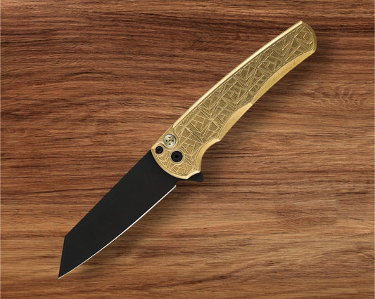 Pro-Tech 2024 Malibu "Nexus" - 25 Year Anniversary Pattern Milled AlBronze Handle - DLC Black Wharncliffe Blade - Mosaic Pin Push Button Urban Cutlery & Lifestyle Shoppe