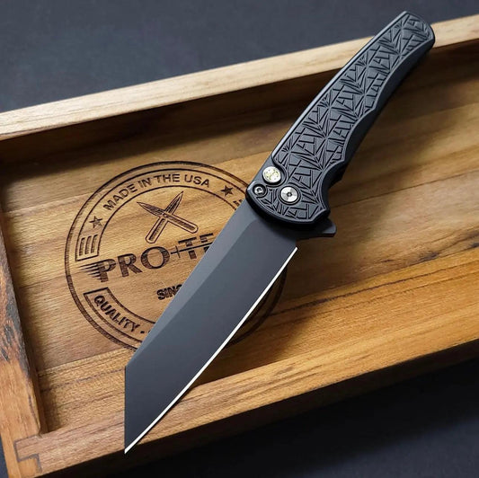 Pro-Tech Blade Show Atlanta 2024 Exclusive Malibu "Nexus" - 25 Year Anniversary Pattern Milled Handle - DLC Black Wharncliffe Blade - MOP Inlaid Push Button - Satin Hardware /250 Urban Cutlery & Lifestyle Shoppe