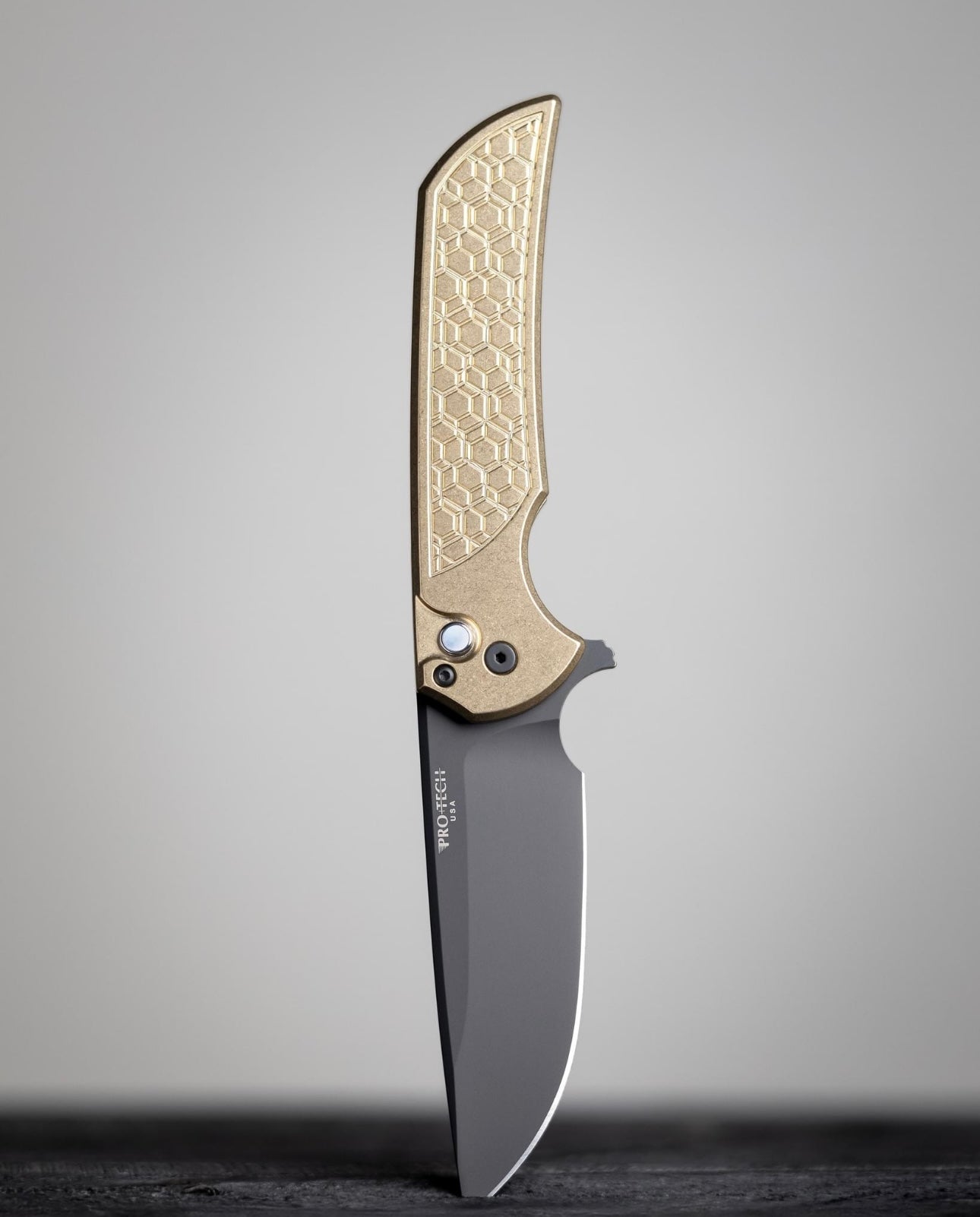 Pro-Tech Custom Bronze Mordax Blade Show Atlanta 2024 Exclusive - Solid Bronze "Gridlock" Handle - DLC Magnacut Blade - Black Lip Pearl Push Button - DLC Coated Mini Deep Carry Clip #49 of 150 Pro-Tech Urban Cutlery & Lifestyle Shoppe