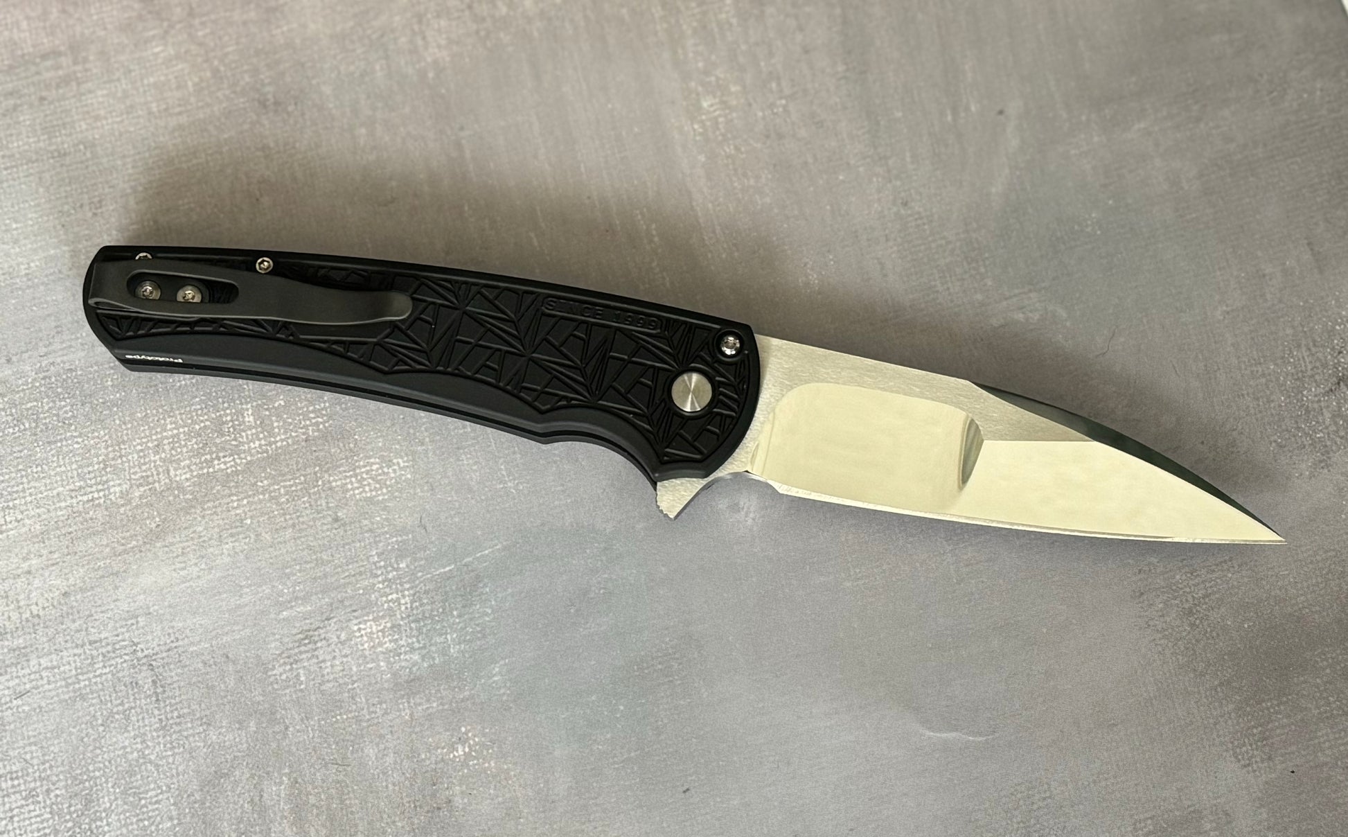 Pro-Tech Custom Malibu Nexus (2024 Malibu Custom 001) - 25 Year Anniversary Pattern Milled Handle - Mike Irie Compound Hand Ground Mirror Polish Wharncliffe Blade - Black Pearl Inlaid Push Button - Black DLC Titanium Clip /100 "Prototype" Urban Cutlery & Lifestyle Shoppe