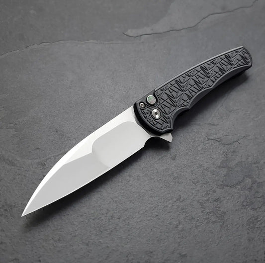 Pro-Tech Custom Malibu Nexus (2024 Malibu Custom 001) - 25 Year Anniversary Pattern Milled Handle - Mike Irie Compound Hand Ground Mirror Polish Wharncliffe Blade - Black Pearl Inlaid Push Button - Black DLC Titanium Clip /100 "Prototype" Urban Cutlery & Lifestyle Shoppe