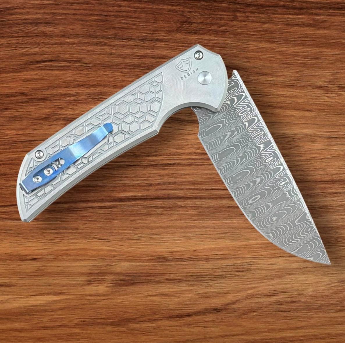 Pro-Tech Custom Steel Gridlock Mordax 003 - "Gridlock" Handle - Vegas Forge "Sharks Tooth" Damascus Blade - Black Lip Pearl Push Button - Mini Deep Carry Clip Urban Cutlery & Lifestyle Shoppe