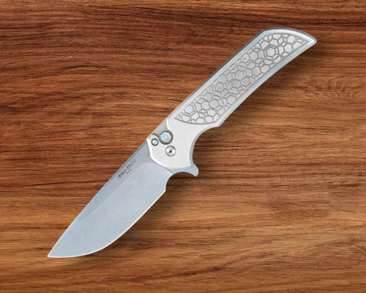 Pro-Tech-(Open Box) Pro-Tech Custom Steel Gridlock Mordax - "Gridlock" Handle - Stonewash Magnacut Blade - Black Lip Pearl Push Button - Blasted Mini Deep Carry Clip-1-Urban Cutlery