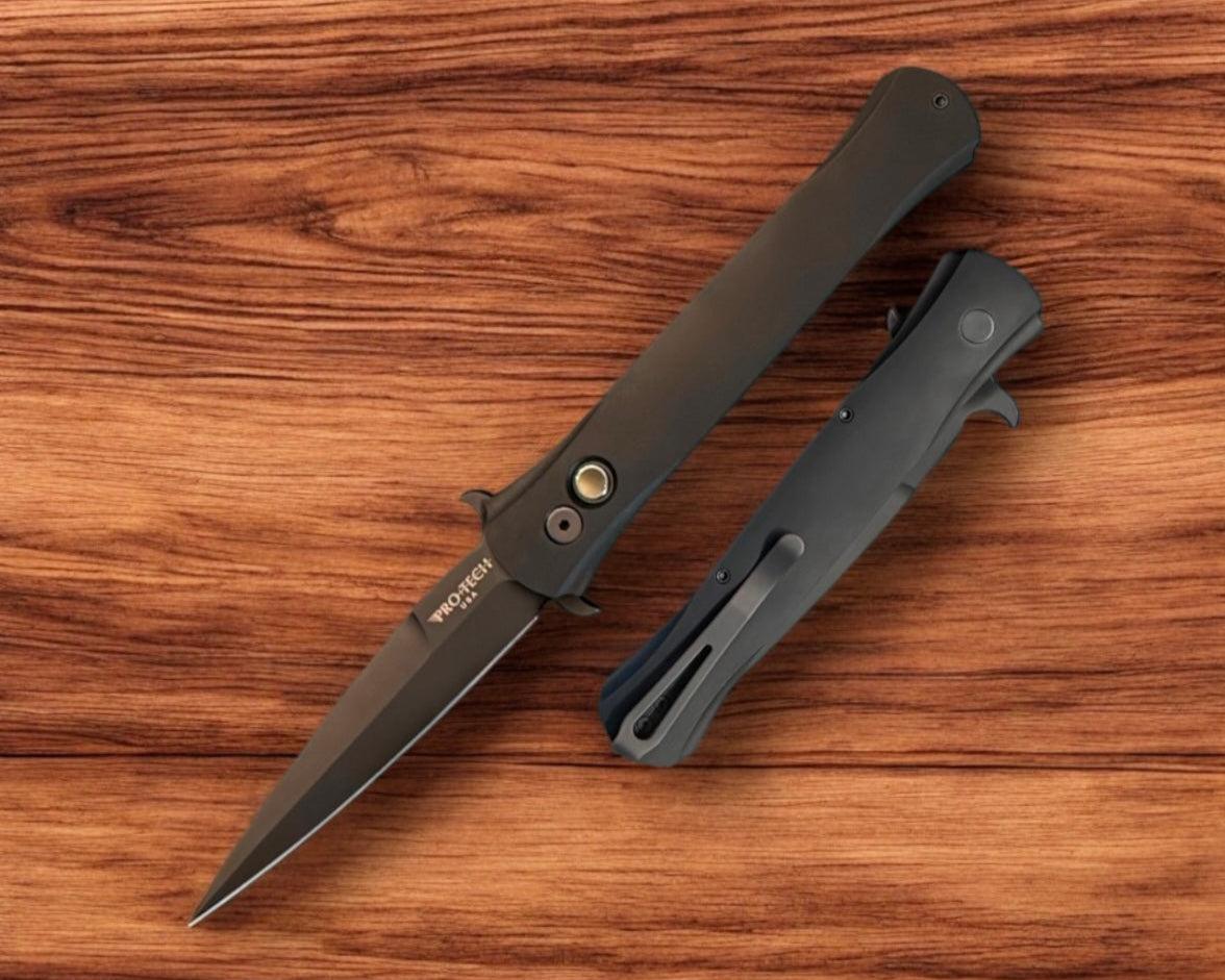 Pro-Tech-Pro-Tech 1921-LTD Large Don - Solid Black Handles - Mother of Pearl Push Button - DLC Black Blade with S-Guard-1-Urban Cutlery