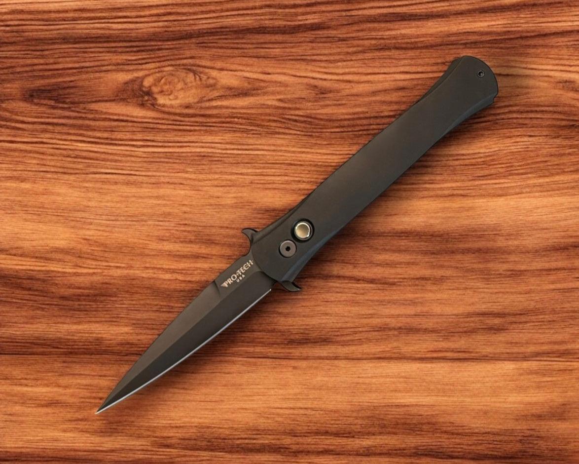 Pro-Tech-Pro-Tech 1921-LTD Large Don - Solid Black Handles - Mother of Pearl Push Button - DLC Black Blade with S-Guard-2-Urban Cutlery