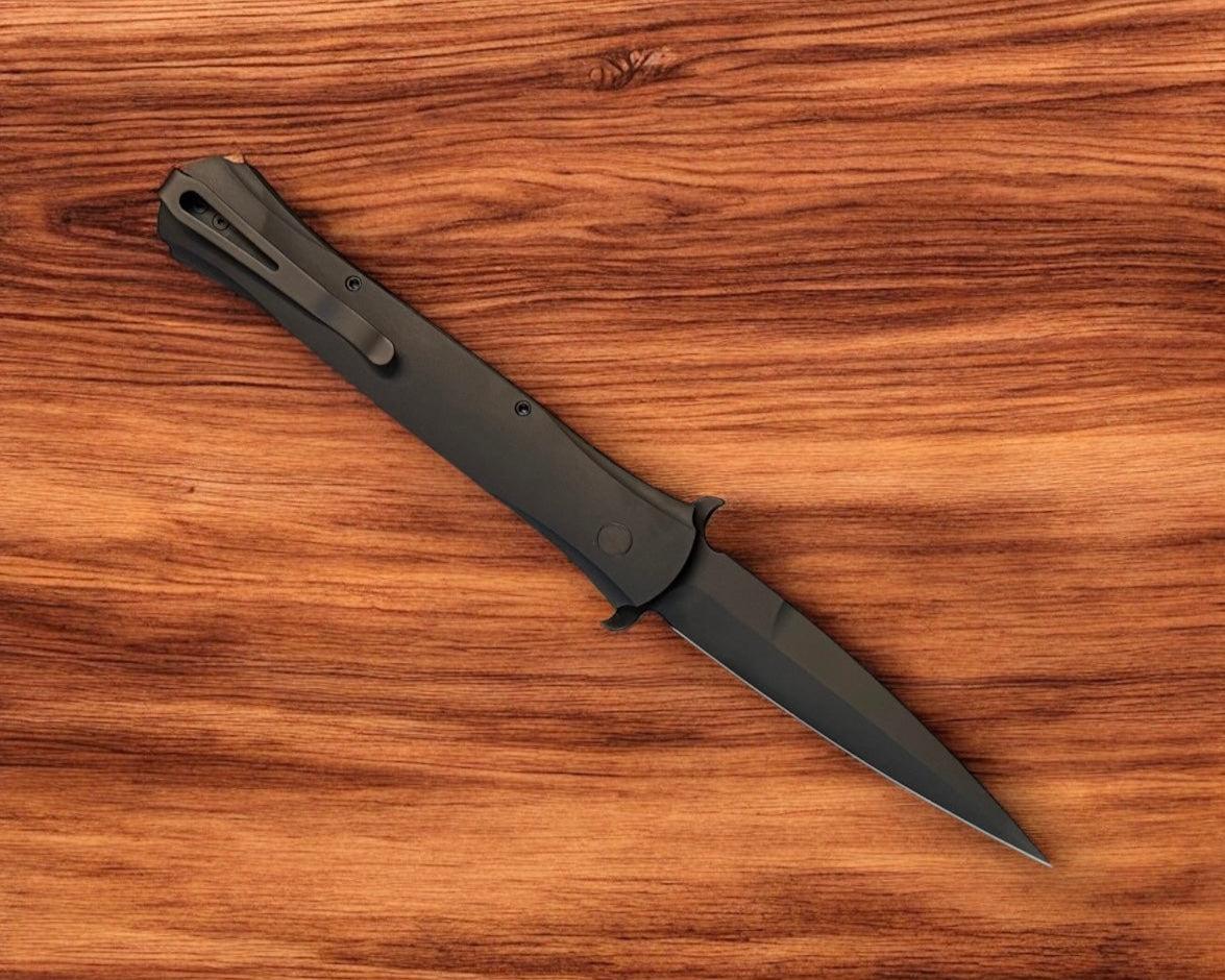 Pro-Tech-Pro-Tech 1921-LTD Large Don - Solid Black Handles - Mother of Pearl Push Button - DLC Black Blade with S-Guard-3-Urban Cutlery