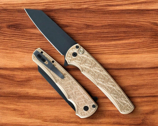 Pro-Tech-Pro-Tech 2024 Malibu "Nexus" - 25 Year Anniversary Pattern Milled AlBronze Handle - DLC Black Reverse Tanto Blade - Mosaic Pin Push Button-1-Urban Cutlery