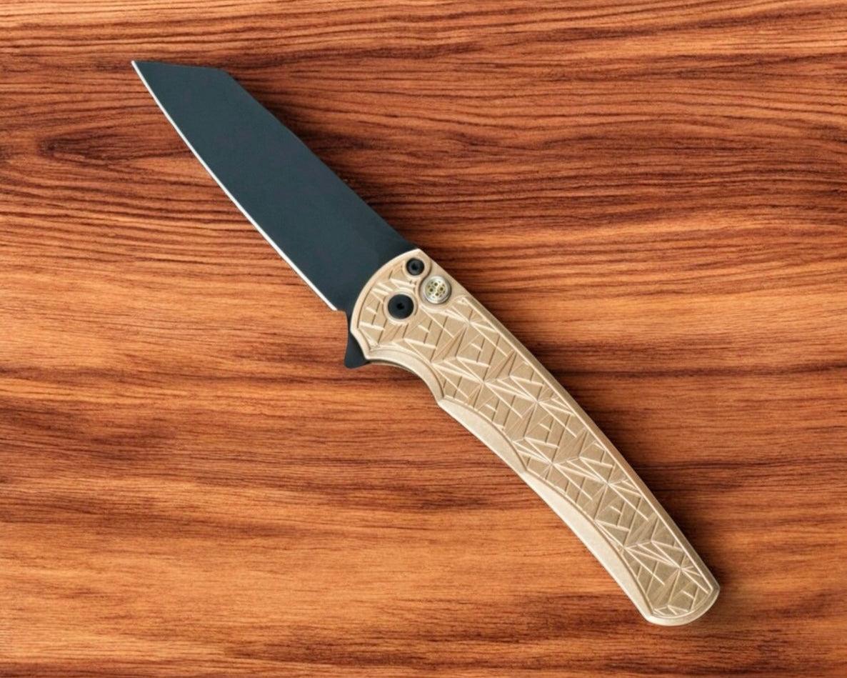 Pro-Tech-Pro-Tech 2024 Malibu "Nexus" - 25 Year Anniversary Pattern Milled AlBronze Handle - DLC Black Reverse Tanto Blade - Mosaic Pin Push Button-2-Urban Cutlery