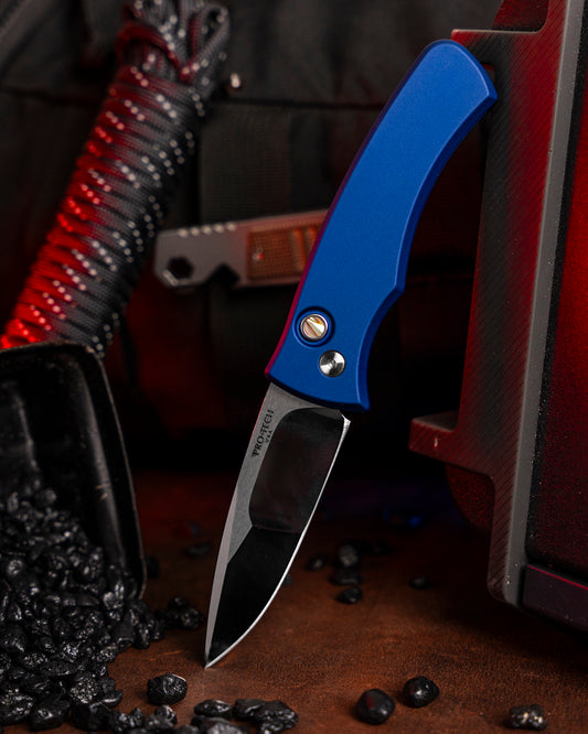 Pro-Tech-Pro-Tech 2025 Duke Custom 004 AUTO - Navy Blue 6061 Aluminum Handle - Polished Mike Irie Compound Ground 154CM Blade - Abalone Button - Satin Hardware-1-Urban Cutlery