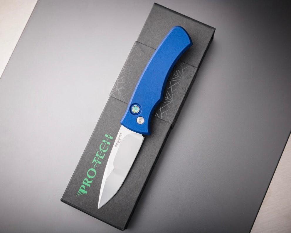 Pro-Tech-Pro-Tech 2025 Duke Custom 004 AUTO - Navy Blue 6061 Aluminum Handle - Polished Mike Irie Compound Ground 154CM Blade - Abalone Button - Satin Hardware-2-Urban Cutlery