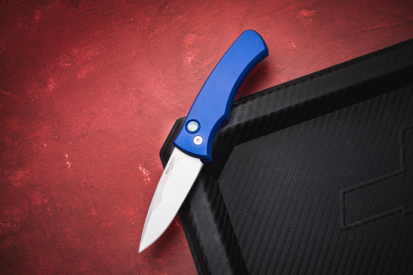 Pro-Tech-Pro-Tech 2025 Duke Custom 004 AUTO - Navy Blue 6061 Aluminum Handle - Polished Mike Irie Compound Ground 154CM Blade - Abalone Button - Satin Hardware-5-Urban Cutlery