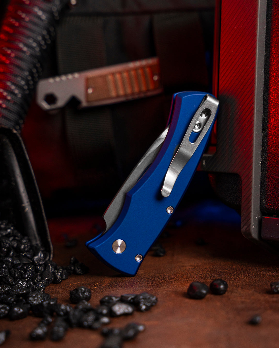 Pro-Tech-Pro-Tech 2025 Duke Custom 004 AUTO - Navy Blue 6061 Aluminum Handle - Polished Mike Irie Compound Ground 154CM Blade - Abalone Button - Satin Hardware-6-Urban Cutlery