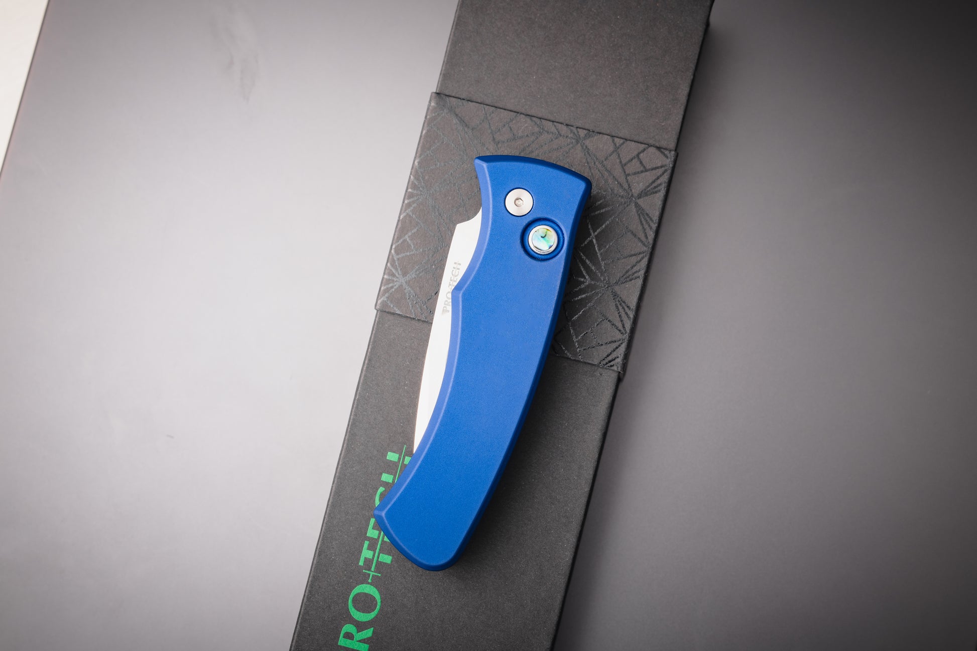 Pro-Tech-Pro-Tech 2025 Duke Custom 004 AUTO - Navy Blue 6061 Aluminum Handle - Polished Mike Irie Compound Ground 154CM Blade - Abalone Button - Satin Hardware-Urban Cutlery