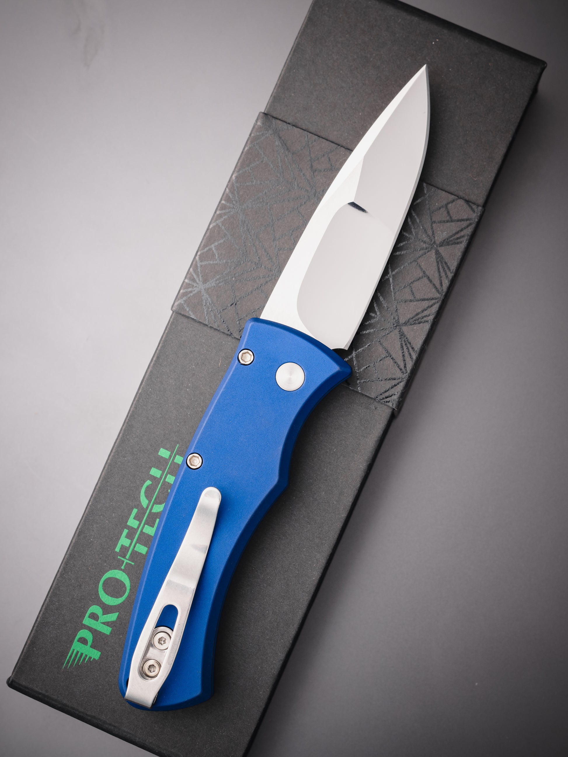 Pro-Tech-Pro-Tech 2025 Duke Custom 004 AUTO - Navy Blue 6061 Aluminum Handle - Polished Mike Irie Compound Ground 154CM Blade - Abalone Button - Satin Hardware-Urban Cutlery