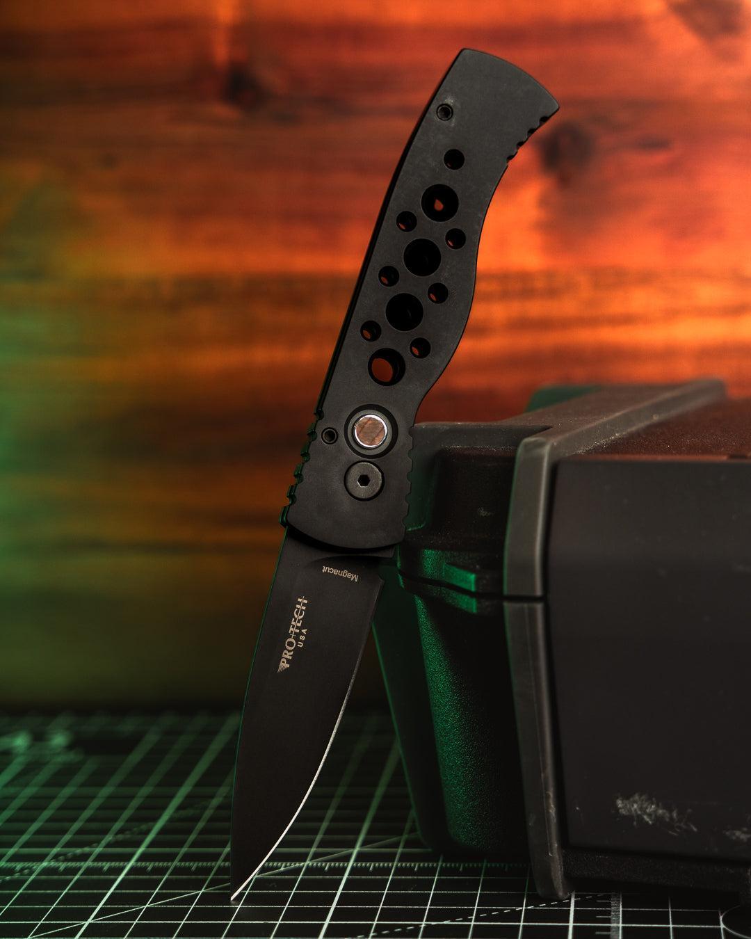 Pro-Tech-Pro-Tech 2025 F&F Show Exclusive 20th Anniversary Ltd. Edition TR-2 AUTO - Black Skeletonized Aluminum handle - Black Magnacut Blade - Pearl Button-1-Urban Cutlery